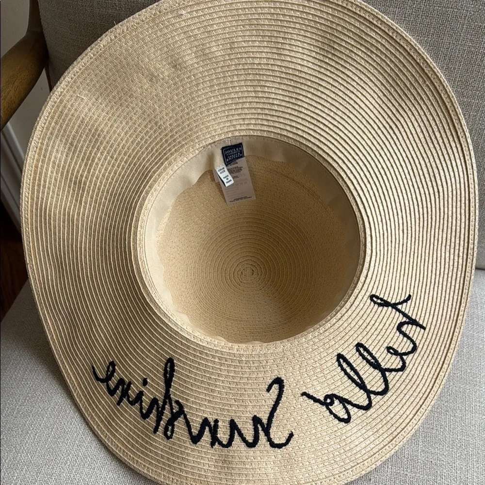 Joules Beige Wide Brim Hat with 'Hello Sunshine' Embroidery